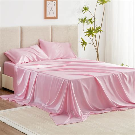 Amazon.com: Love's cabin Satin King Sheet Sets - 4 Piece Pink Silky ...