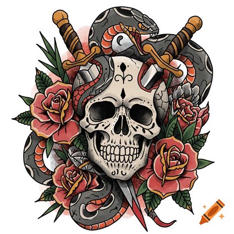 American traditional tattoo of a skull with spikes coming out of it and ...