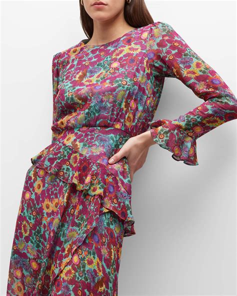 Saloni Jolene Floral Silk Long Ruffle Dress | Neiman Marcus