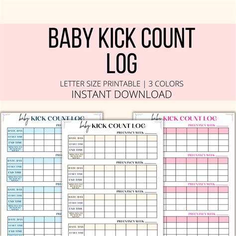 Kick Count Log Printable, Baby Kick Count Chart PDF, Fetal Movement Log, Pregnancy Kick Counter ...