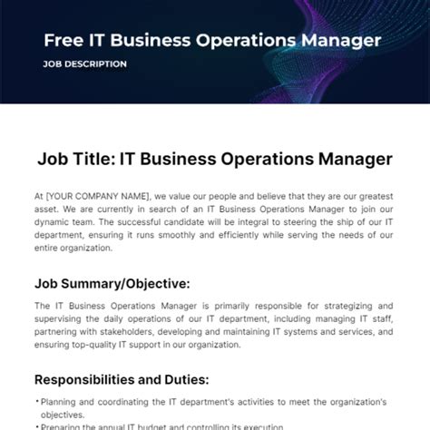 Free IT Business Operations Manager Job Description Template to Edit Online