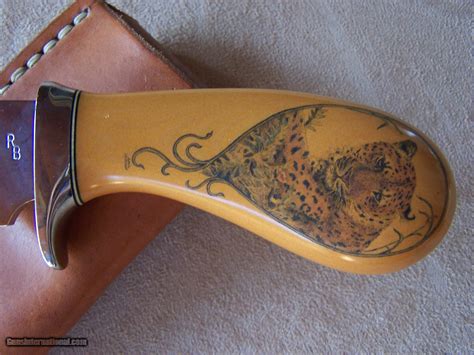 Ray Beers Palm Handle Knife with Scrimshaw of Leopard, Included Leather ...