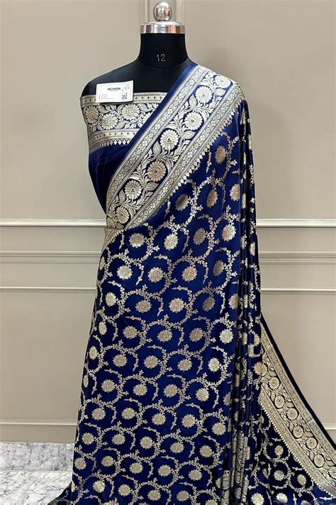 Navy Blue Murmuri Jaal Katan Silk Banarasi Saree – Mohsin Textiles