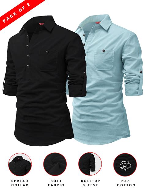 Yugnik Men's Slim Fit Spread Collar Black & Light Pista Color Cotton S ...