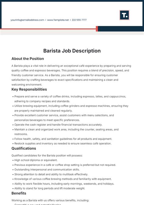 Free Barista Job Description Template to Edit Online