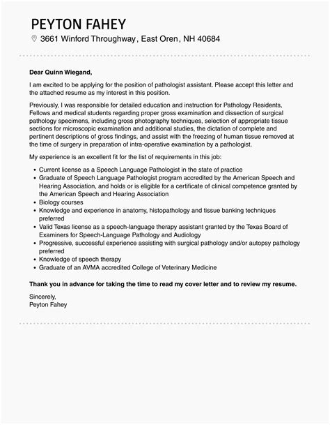 Pathologist Assistant Cover Letter | Velvet Jobs