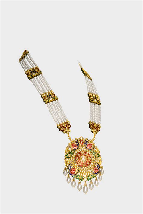 Long necklace adorned with stunning peacock Meena design – Surana ...