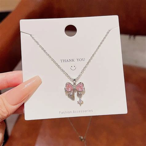 Pink Bow Silver Chain With Crystal Drop Pendant Necklace – Brijsun ...