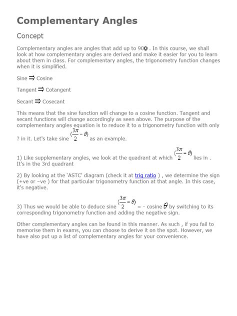 Complementary Angles | PDF | Trigonometric Functions | Triangle