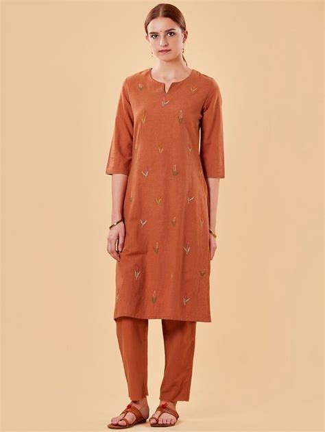 Buy Light Pink Embroidered Cotton Linen Kurta with Pants - Set of 2 ...