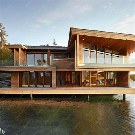 Premium AI Image | A modern lake house with a wooden exterior and large ...
