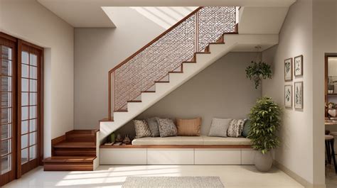 Indian Fusion Foyer with Jaali Staircase & Seating Nook