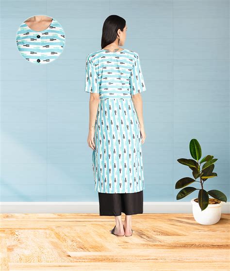 Fabclub Women Slub Cotton Striped Front Slit Pocket Kurti (Sky Blue ...