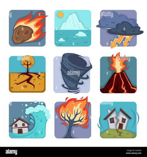 Natural disasters vector flat icons set. Nature catastrophe volcano ...