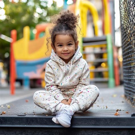 A little girl sitting on a platform with a fence behind her | Premium ...