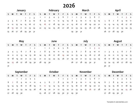 Free 2026 Yearly Calendar Printable One Page