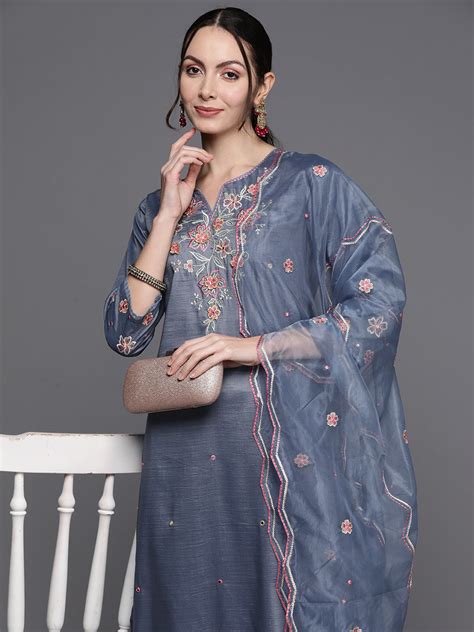 Indo Era Blue Floral Embroidered Thread Work Kurta with Trousers & Wit ...