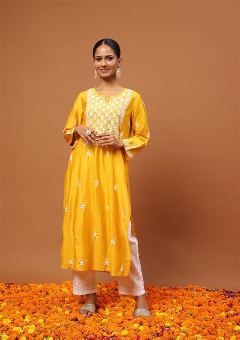 Shop Mustard Chanderi Chikankari Long Kurta Set for Women – House of ...