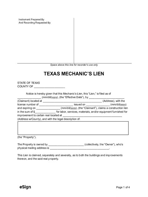Texas Mechanic’s Lien Form - Blank Fillable Template | Fill Out, Print ...