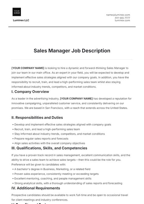 Free Sales Manager Job Description Template to Edit Online