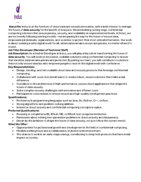 Induz-JD: Developer Role in Cloud Data & Security Innovation - Studocu