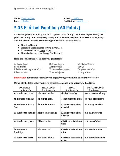 05-05 - Spanish Task - Spanish I© ACCESS Virtual Learning 2023 Name ...