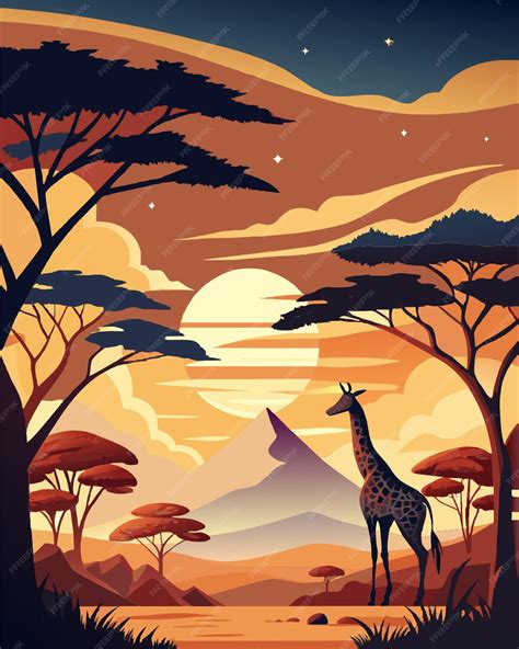 Serengeti national park poster flat style trees and giraffe silhouettes graphic vector flat ...