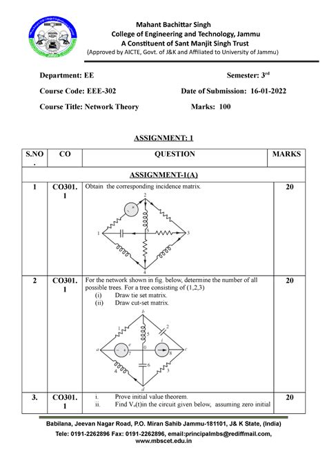 1st Assignment Network theory EEC302 - Mahant Bachittar Singh College ...
