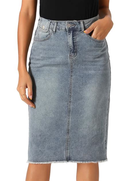 Allegra K Women's Casual Jean Skirt High Waist Back Slit Stretch Denim ...