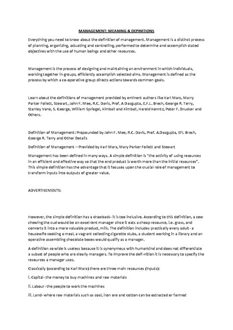 MANAGEMENT 101: Comprehensive Definitions and Perspectives - Studocu