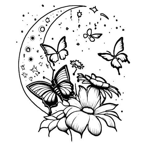 Amazing Butterflies and Flowers Under the Moon Coloring Page · Creative ...