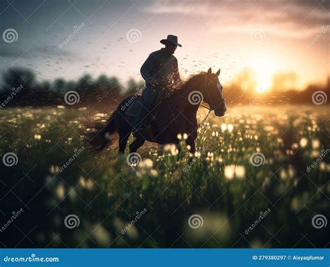 A Cowboy is Riding a Horse in a Spring Field. the Sunlight from Behind ...