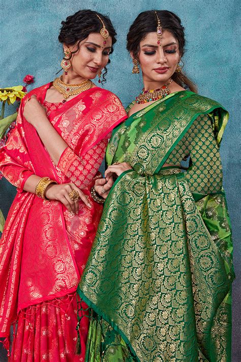 Buy Green Banarasi Silk Saree With Blouse 85769 Online | Karagiri