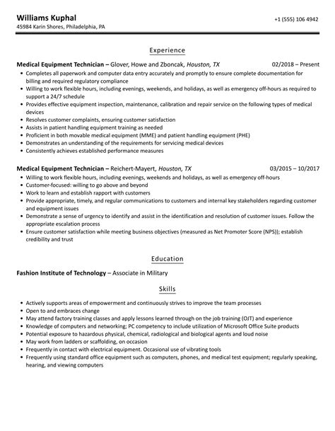 Medical Equipment Technician Resume Samples | Velvet Jobs