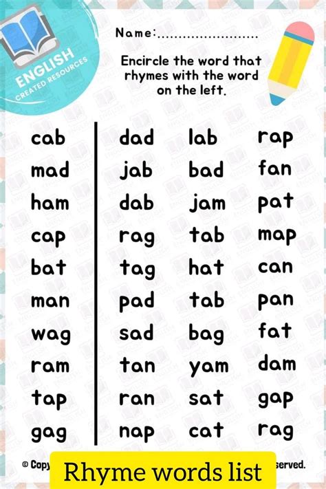 Rhyme Words for Kids | Rhyming words worksheets, Phonics words, Cvc ...