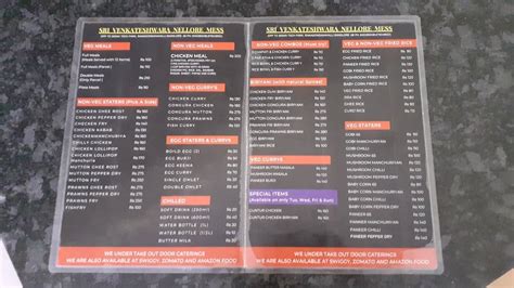 Menu at Sri Venkateshwara Nellore Mess, Bengaluru