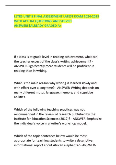 LETRS UNIT 8 FINAL ASSESSMENT LATEST EXAM WITH ACTUAL QUESTIONS AND ...