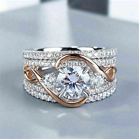 Engagement Trio Ring Set, Women's Two Tone Ring Set, Round Cut ...