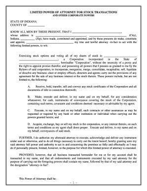 Indiana Limited Power of Attorney for Stock Transactions and Corporate ...