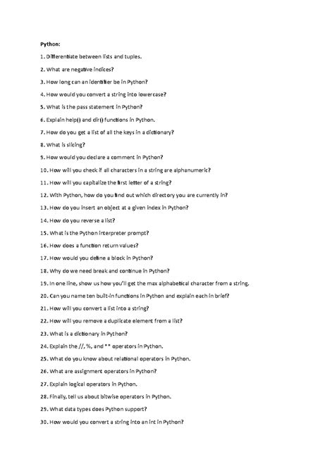 Study Materials - Python: 1. Differentiate between lists and tuples. 2 ...