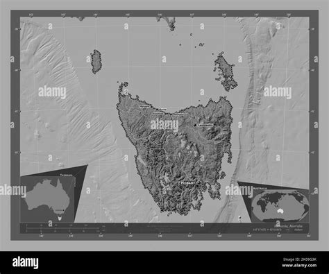 Tasmania, state of Australia. Bilevel elevation map with lakes and ...