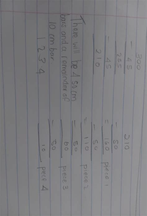 A bar of steel is 300 cm long. amin cuts two 45 cm lengths off the bar ...