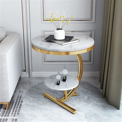 WellHouze Modern Round Tea Coffee Table with 2-Tier Storage Marble ...