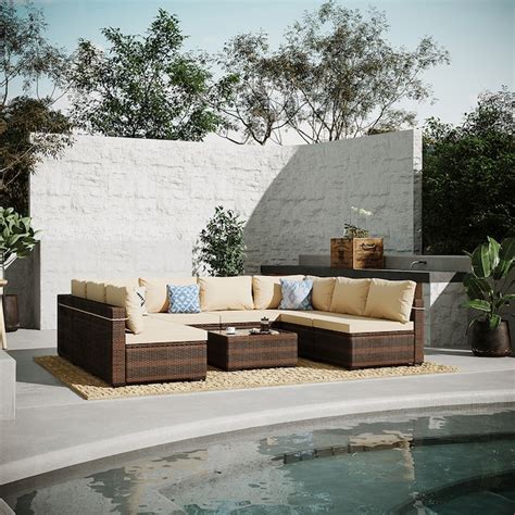 UPHA 9-Piece Wicker Patio Sofa Conversation Set with Off-white Cushions ...