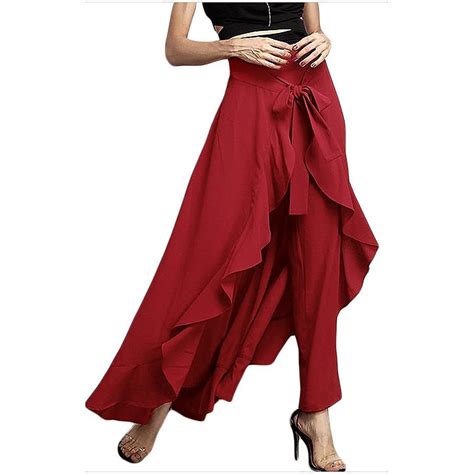 Women's Ruffle Pants High Waist Trousers Casual Beach Maxi Long Palazzo ...