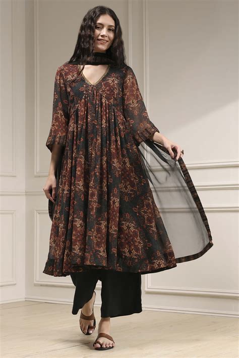 Buy Charcoal Black Printed Gathered Suit Set Online at Biba India