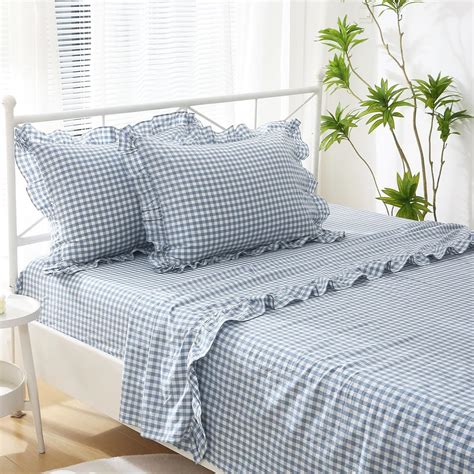 Amazon.com: K MASANIJI Dust Blue White Plaid Ruffle Sheets Twin Size 4 ...