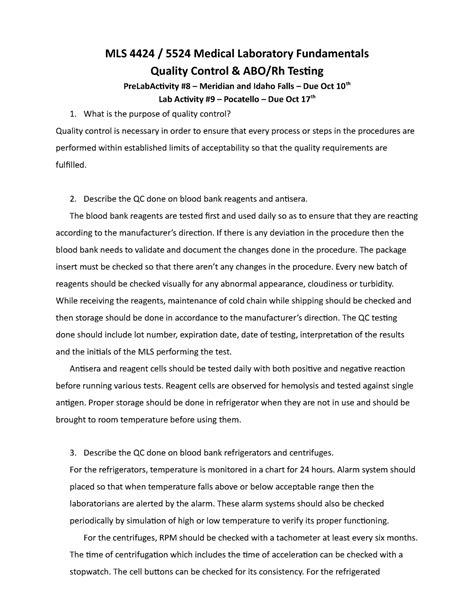 Pre Lab 8and 9 - quality control and ABO/Rh testing - MLS 4424 / 5524 Medical Laboratory - Studocu