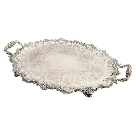 Large Antique English Footed Silver Plated Serving Tray with Floral ...