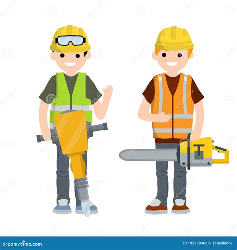 Trabajo De Construcción. Trabajadores De Ropa Y Herramientas. Ilustración Plana De Dibujos ...